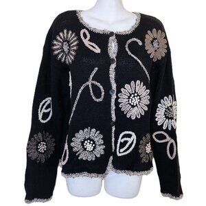 Sigrid Olsen Cotton Knit Cardigan Sweater Crochet Flower Applique Vintage 90s Lg